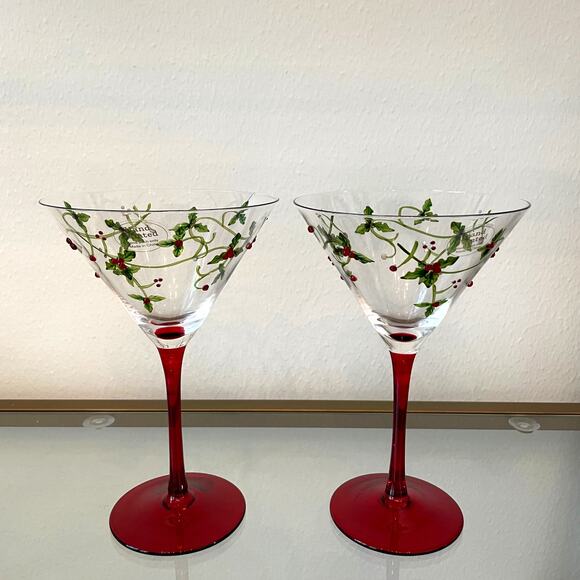 Christmas Red Rhinestone Holly Berry Cocktail Martini Glasses Set of 2 NEW - Picture 7 of 10